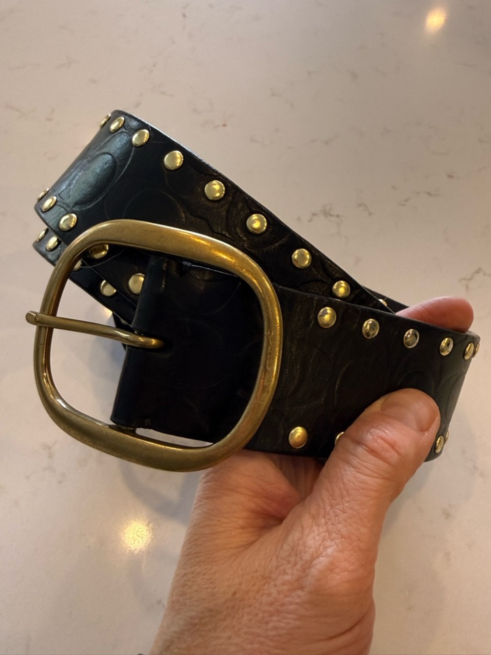Vintage Coach Black Leather Studded Belt with Brass Buckle